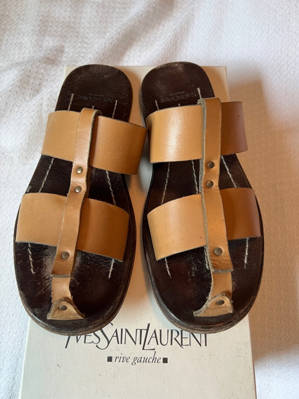 Yves Saint Laurent Men’s Brown & Tan Leather Slide Sandals